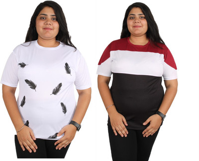 Oishee Printed Women Round Neck White, Maroon T-Shirt