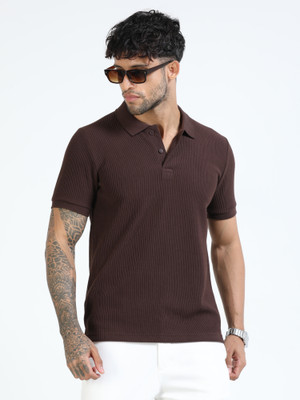Cool Colors Self Design Men Polo Neck Brown T-Shirt