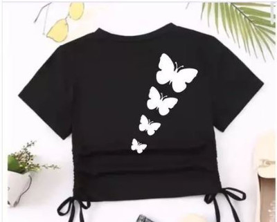 V Fashion Printed Women Round Neck Black T-Shirt