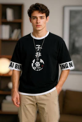 Teezler Printed Men Round Neck Black T-Shirt