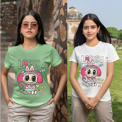 Kasendra Printed Women Round Neck Green, White T-Shirt