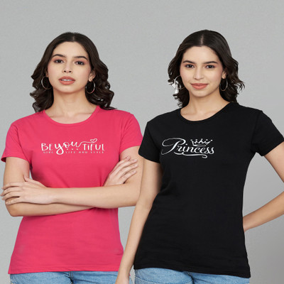 Trend Level Typography Women Round Neck Pink, Black T-Shirt