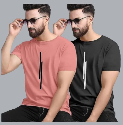 UNIANTA Striped Men Round Neck Pink, Black T-Shirt