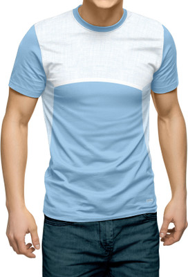 hdee Colorblock Men Round Neck Light Blue T-Shirt
