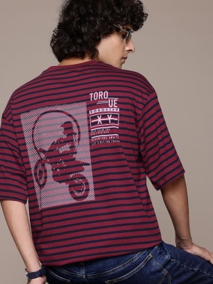 Roadster Striped Men Round Neck Maroon T-Shirt