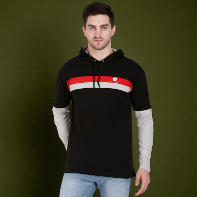 FARICON Colorblock Men Hooded Neck Blue T-Shirt
