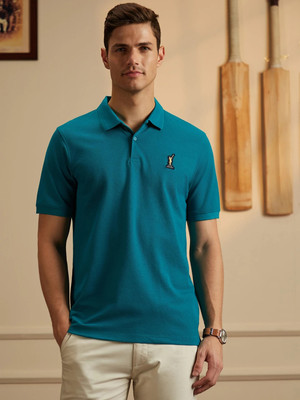 PETER ENGLAND Solid Men Polo Neck Blue T-Shirt