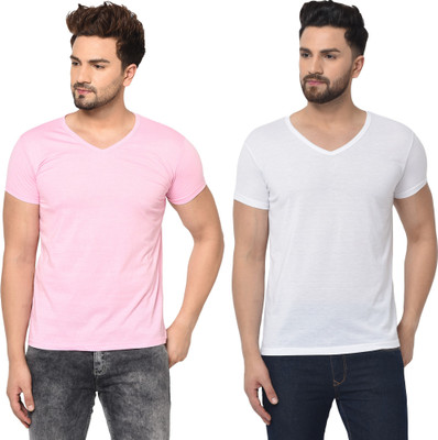 Adorbs Trend Solid Men V Neck White, Pink T-Shirt