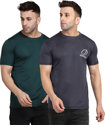 INDIZO Solid Men Round Neck Dark Green, Grey T-Shirt