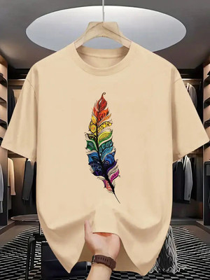 Twenty2Creation Printed Men Round Neck Beige T-Shirt