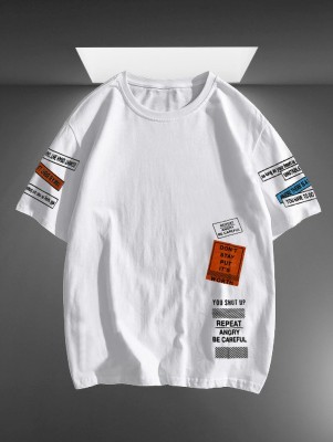 Try This Typography Men Round Neck White, Grey, Orange T-Shirt