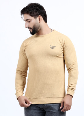 Diamond Fashion Solid Men Crew Neck Beige T-Shirt