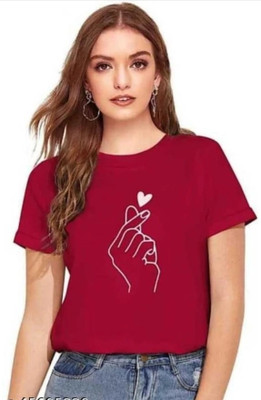 Tiki Tees Printed Women Round Neck Maroon T-Shirt
