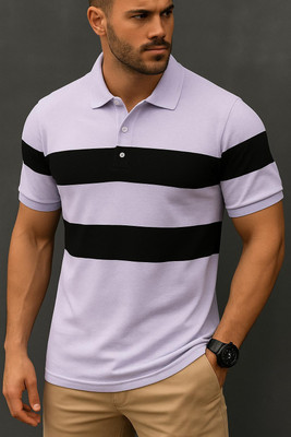 SCUBA Striped Men Polo Neck Purple T-Shirt