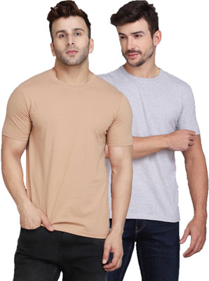 TEEFOX Solid Men Round Neck Beige, Grey T-Shirt