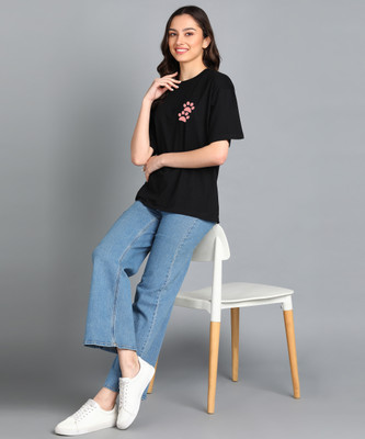 Adyavastram Printed Women Round Neck Black T-Shirt