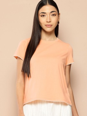 CHEMISTRY Solid Women Round Neck Orange T-Shirt