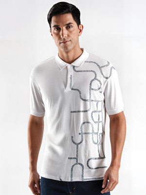 ADRO Printed Men Polo Neck White T-Shirt