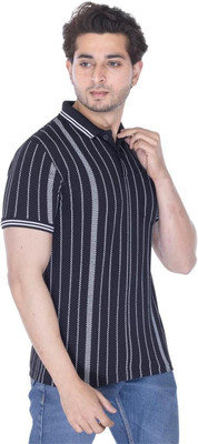 SANE Striped Men Polo Neck Black T-Shirt