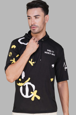 NB NICKY BOY Printed Men Hooded Neck Black T-Shirt