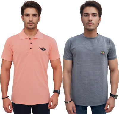 CAIMBROS Solid Men Polo Neck Pink, Grey T-Shirt