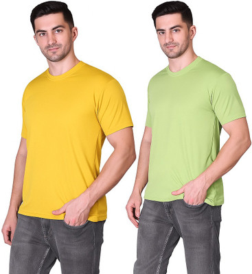 WELLVIEW Solid Men Round Neck Yellow, Green T-Shirt