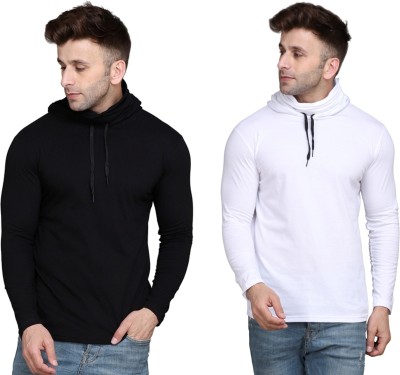 Lawful Casual Solid Men Hooded Neck White, Black T-Shirt