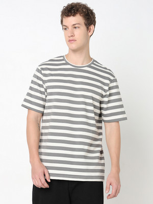 R&B Striped Men Crew Neck Grey T-Shirt
