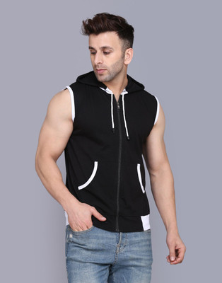 ELABOT Solid Men Hooded Neck White, Black T-Shirt