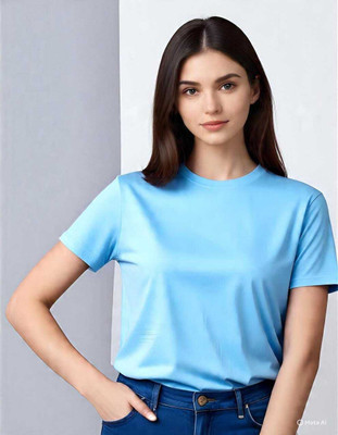 HouseOfCommon Solid Women Round Neck Blue T-Shirt