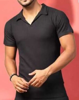 INDICLUB Solid Men Polo Neck Black T-Shirt