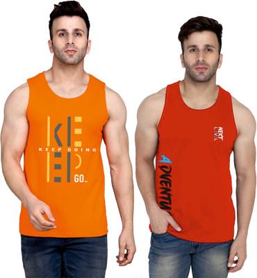 SLOWLORIS Printed Men Round Neck Orange, Red T-Shirt