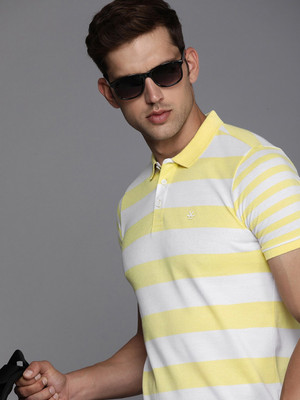 WROGN Striped Men Polo Neck Yellow, White T-Shirt