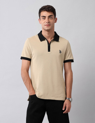U.S. Polo Assn. Denim Co. Solid Men Polo Neck Beige T-Shirt