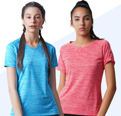 Pranera Printed Women V Neck Blue, Red T-Shirt