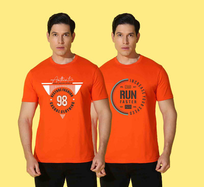 WOOSTRO Printed Men Round Neck Orange T-Shirt