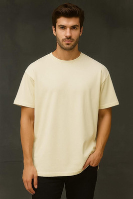 THEFASHIONERA Solid Men Round Neck Beige T-Shirt