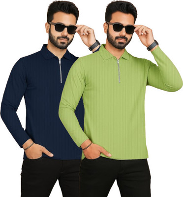 HELMONT Solid Men Zip Neck Blue, Green T-Shirt