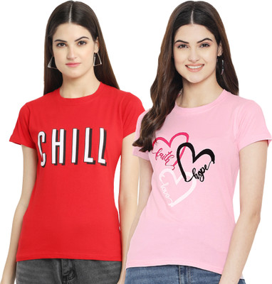 Fabflee Printed Women Round Neck Red, Pink T-Shirt