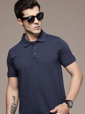 METRONAUT Solid Men Polo Neck Navy Blue T-Shirt
