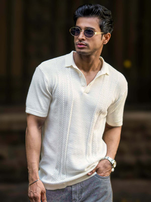MANIAC Self Design Men V Neck White T-Shirt