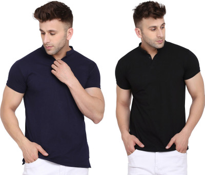 Money Leaf Solid Men Mandarin Collar Dark Blue, Black T-Shirt
