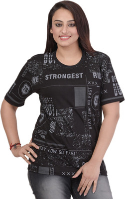 HouseOfCommon Printed Women Round Neck Black T-Shirt