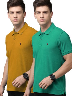 ADORATE Solid Men Polo Neck Yellow T-Shirt