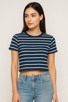 4TY6COLLECTION Striped Women Round Neck Dark Blue, Red T-Shirt