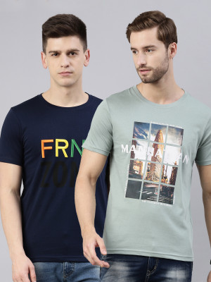 JOVEN Printed Men Round Neck Dark Blue, Green T-Shirt
