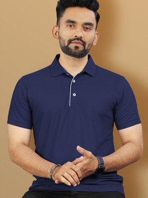 VeBNoR Solid Men Polo Neck Navy Blue T-Shirt