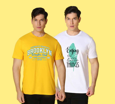 WOOSTRO Printed Men Round Neck Yellow, White T-Shirt