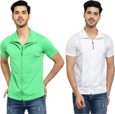 Jangoboy Solid Men Polo Neck Green, White T-Shirt