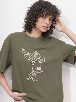 Tokyo Talkies Self Design Women Round Neck Green T-Shirt